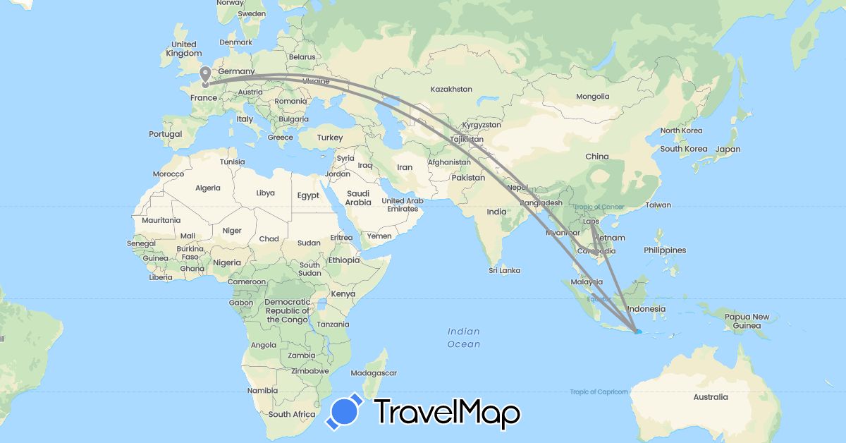 TravelMap itinerary: plane, boat, motorbike in France, Indonesia, Cambodia, Philippines, Singapore, Thailand, Vietnam (Asia, Europe)