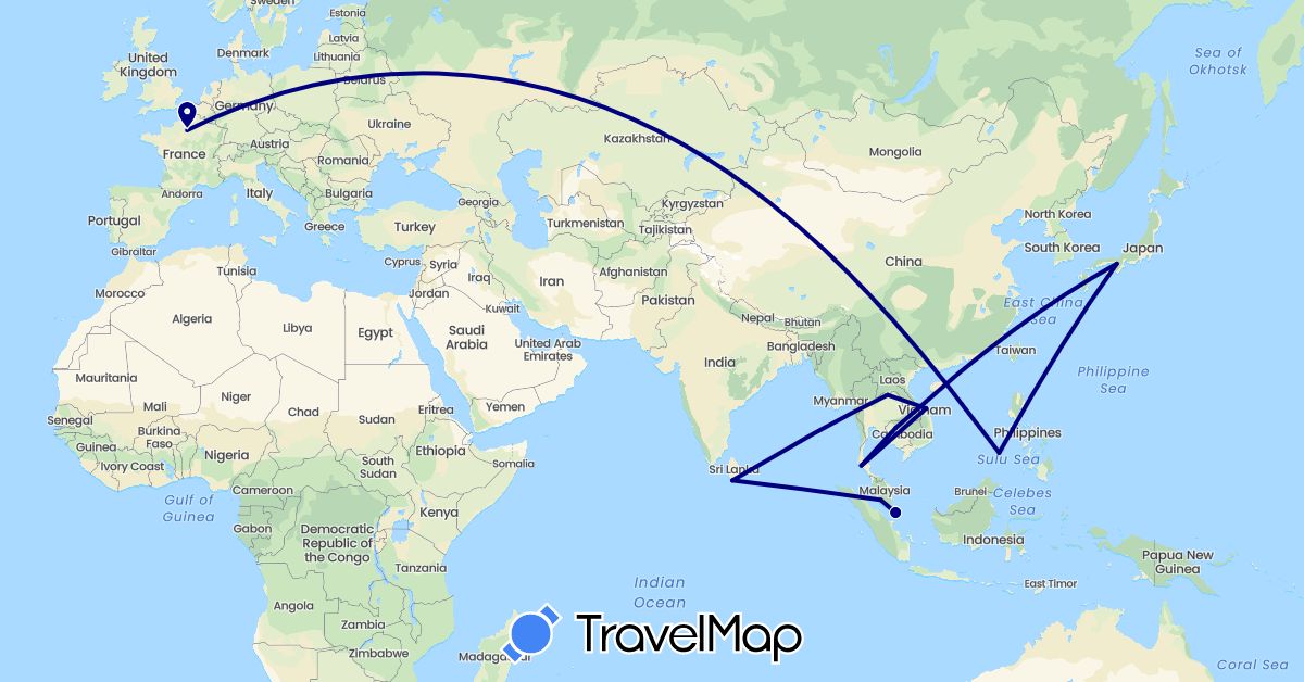 TravelMap itinerary: driving in France, Japan, Cambodia, Laos, Sri Lanka, Malaysia, Philippines, Singapore, Thailand, Vietnam (Asia, Europe)